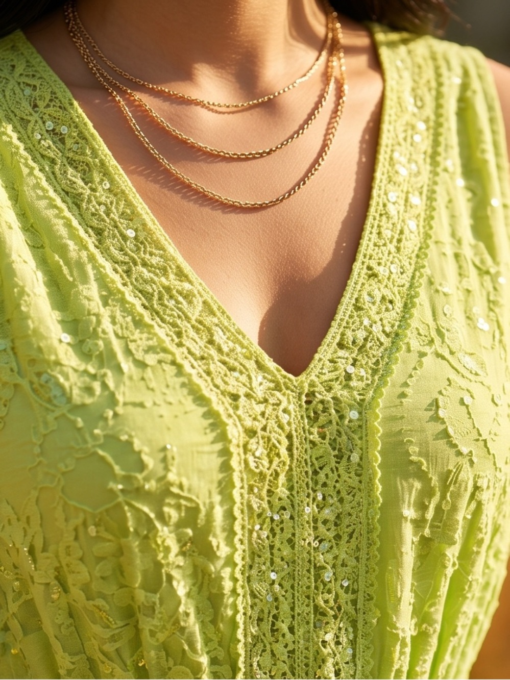🛍️ MLLE GABRIELLE Lime Green Crinkle Pearl Tiered Smocked Bodice Midi Dress 1X - Picture 4 of 9